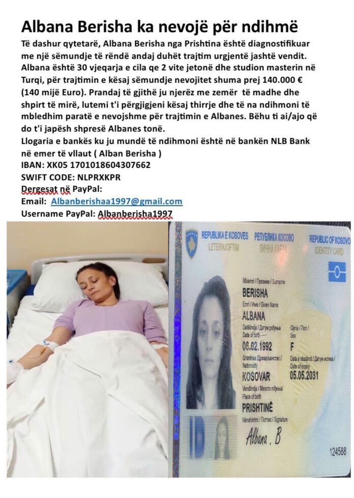 Bamirsa:Albana Berisha ka nevojë urgjente për ndihmën tuaj, i duhen 120 mijë euro për shërim