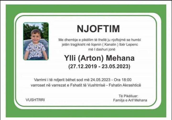 E dhimbshme:Sot varroset 4 vjeçari që humbi jetën në kanalin e Ibër-Lepencit<br />😞😞😞
